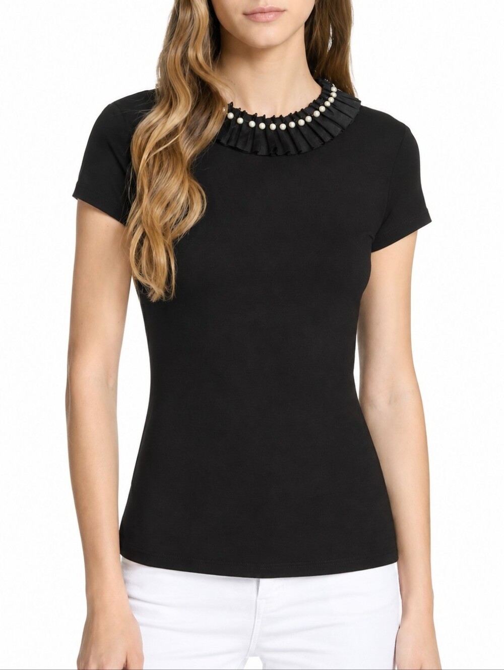 Ted Baker Black Short Sleeve Tee with Pearl-Trimmed Pleated Collar Size M
